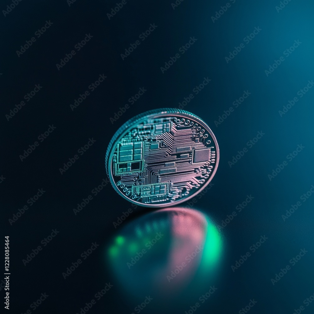 Poster Futuristic Crypto Coin Design Intricate Circuitry on Glossy Surface - Fintech Marketing and Blockchain Innovation for Digital Privacy Solutions