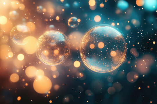 Glowing orbs float in a dark space filled with bokeh lights, creating a dreamy, ethereal scene.
