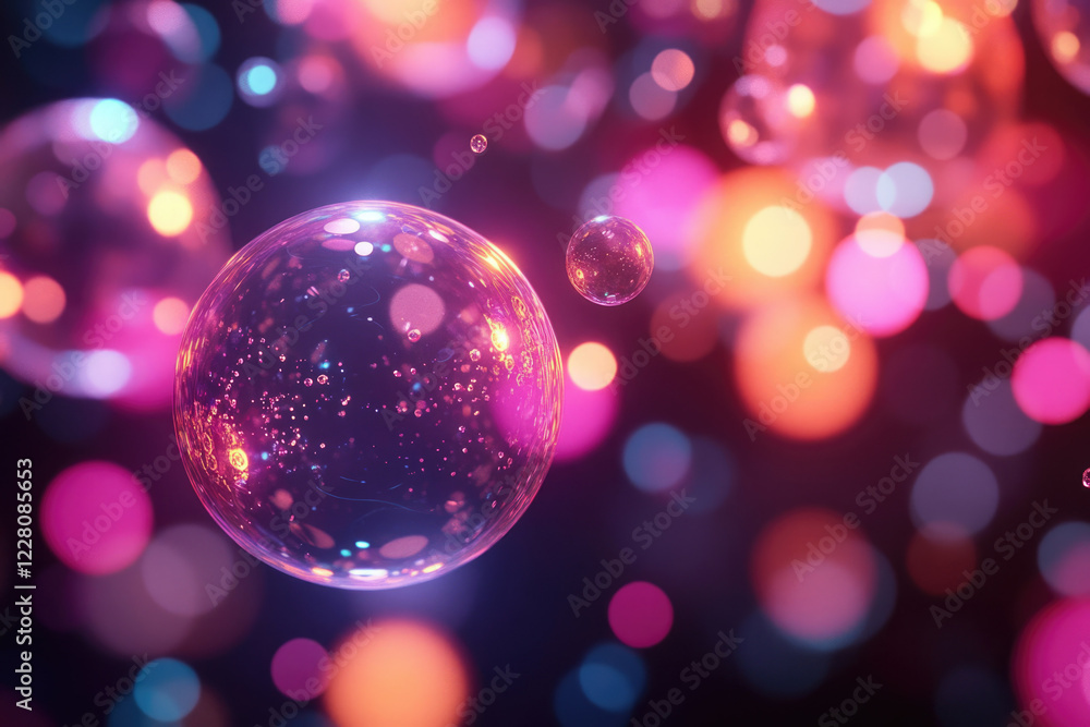 Poster glowing transparent spheres float amidst a bokeh of vibrant pink and orange lights.
