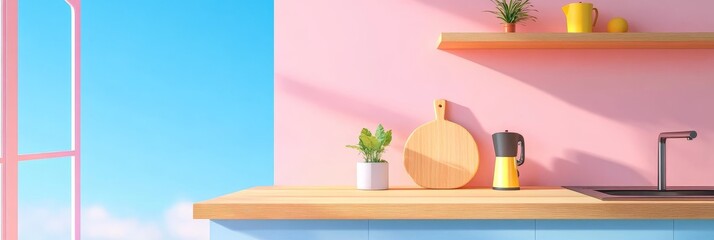 Modern Kitchen Minimalist Design - Bright, airy minimalist kitchen scene with light wood countertop, pastel pink walls, and a window view. Perfect for blogs, websites, or cookbooks.