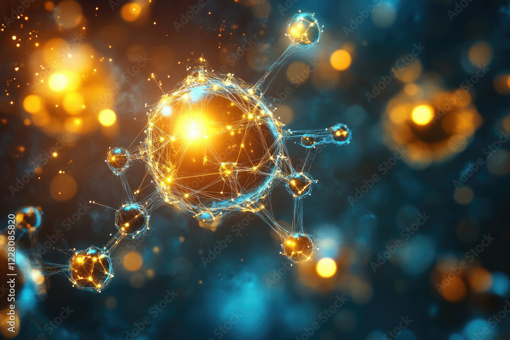 Poster Abstract representation of a molecule or network, glowing nodes interconnected by lines against a bokeh background.