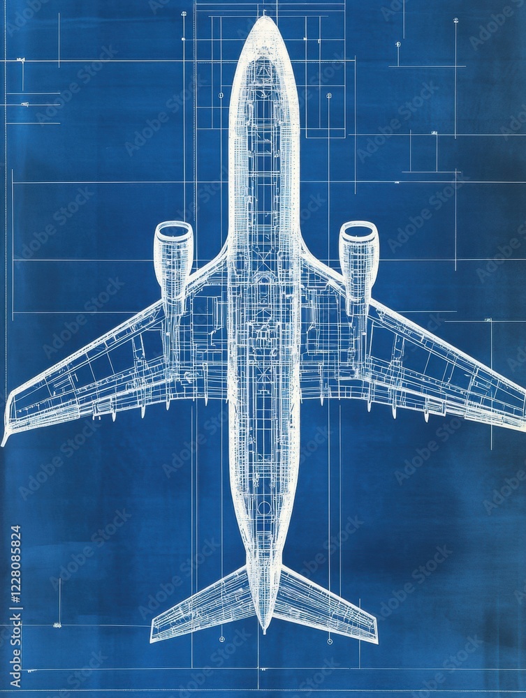 Leinwandbilder Blueprints showing detailed design of an airplane with technical specifications and dimensions presented on blue background. Generative AI