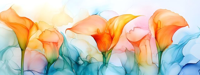 Beautiful colorful calla lilies, ethereal, luminous colors, soft lighting
