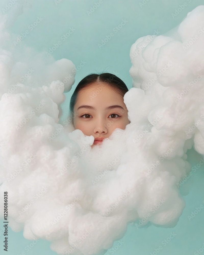 Poster ethereal dreamscape abstract cloud-like forms with serene female face - modern digital art for creat