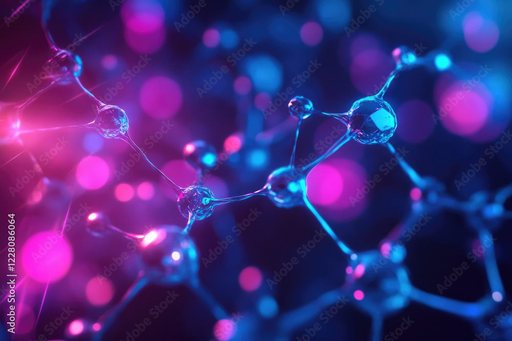 Poster Abstract representation of a molecule structure with glowing nodes, illuminated in vibrant pink and blue hues.