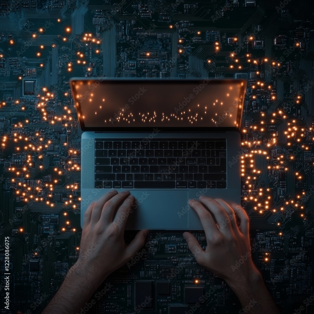 Poster Neon-Circuit Tech Freelance Programmer on Laptop with Glowing Circuit Board - Futuristic Software Development and Digital Innovation for Creative Problem-Solving in Tech Industry