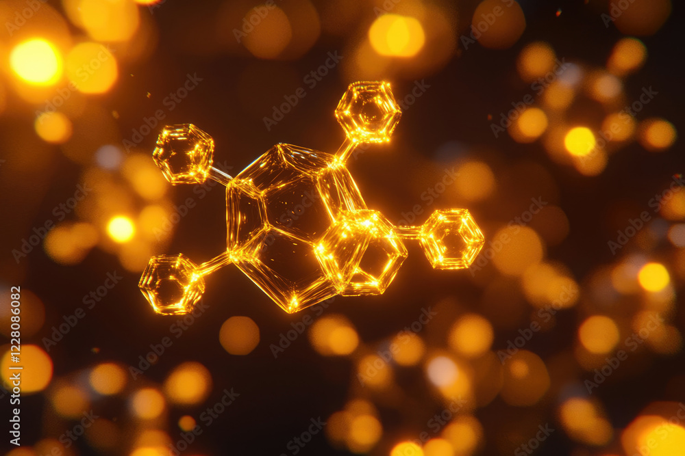 Fototapete Glowing golden molecule model with hexagonal structures, abstract science background.