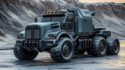 Obraz premium Futuristic All-Terrain Truck on Rocky Terrain: A Stunning Display of Engineering and Design