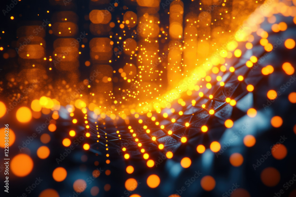 Leinwandbilder Abstract digital wave with glowing orange particles and dark background, representing data flow and network connections.