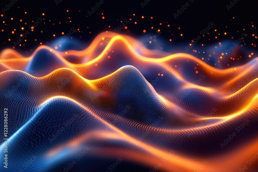 Poster abstract digital landscape with glowing orange and blue waves, particles, and bokeh effect.