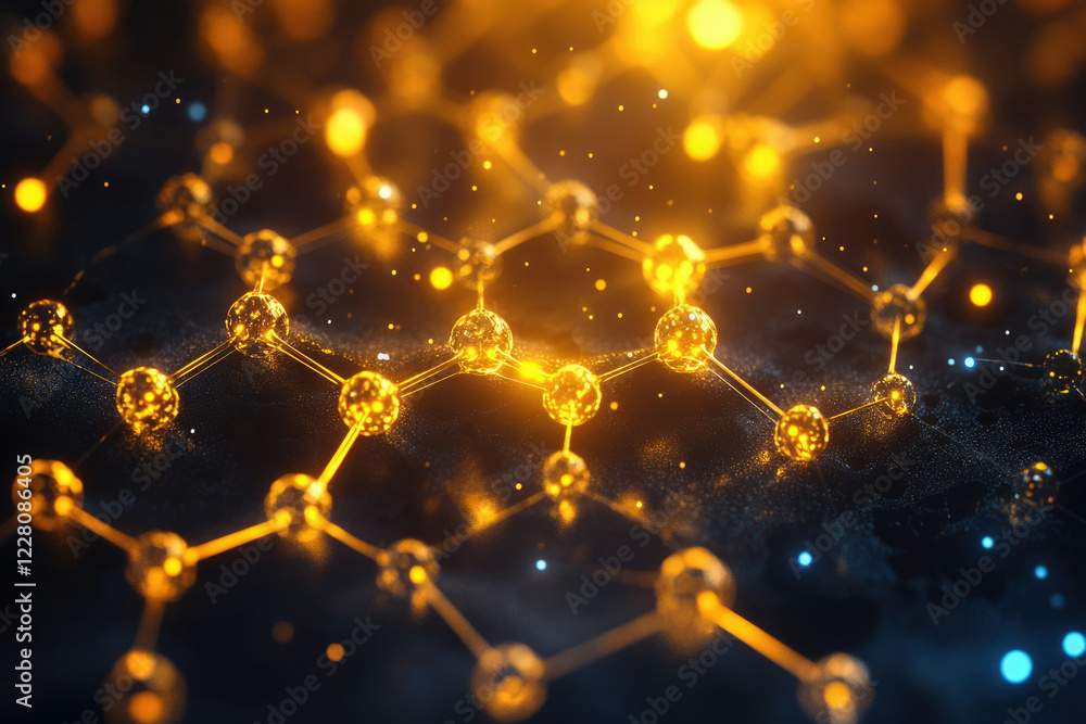 Aufkleber abstract 3d rendering of a glowing golden molecular structure, representing science, technology, and