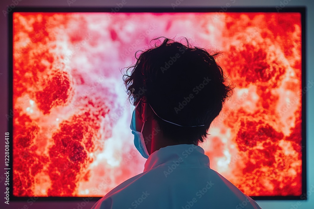 Poster a masked individual observes a large screen displaying a fiery, abstract image.