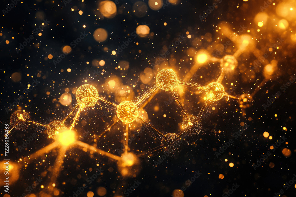 Poster golden glowing molecular structure, abstract science background. elegant and luxurious design.