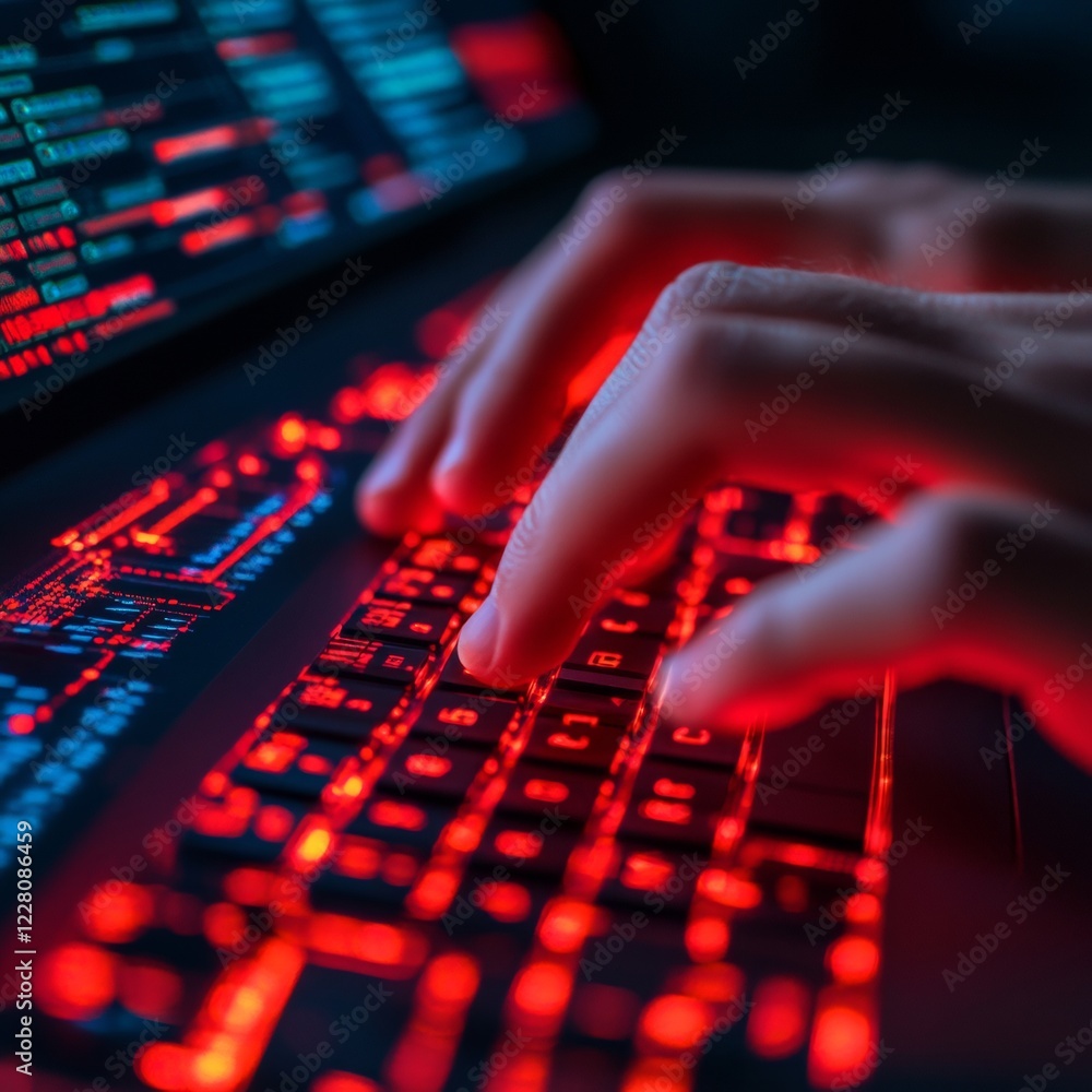 Poster Cyber Defense Aesthetics Hands on Neon Backlit Keyboard and Dynamic Code Displays - Interactive Security Content and Threat Prevention Visuals for Tech Industry Insights