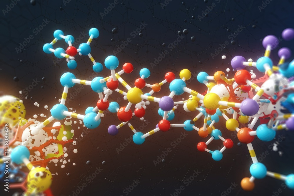 Poster a vibrant 3d rendering of colorful molecules, illustrating complex chemical structures and bonds.