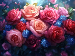Obraz premium A stunning bouquet of roses in shades of pink, red, and peach, accented with lush green leaves and delicate blue flowers, set against a soft, dreamy background, generative AI.