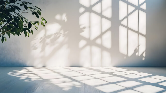 Sunlight casts window shadows on a minimalist white wall and floor. background backdrop banner image with window for online presentations and zoom meetings idea for copy space