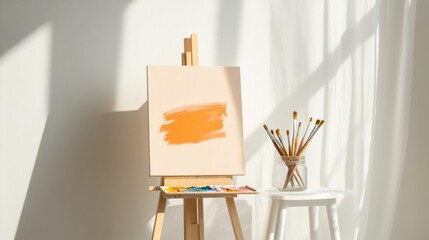 Whimsical Art Corner Colorful Easel with Sunset Painting and Mixed Media Palette - Creative Content Design and Cozy Home Studio Inspiration