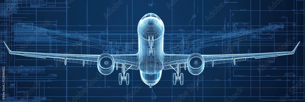 Fototapete technical blueprints illustrating the design and structure of an advanced airplane model under a blu