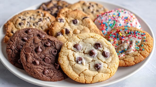 A plate of a variety of freshly baked cookies with different flavors and toppings.