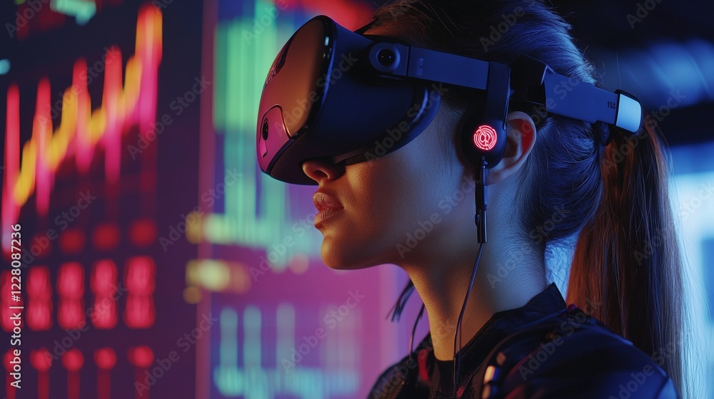 Poster futuristic biohacking visualization focused hispanic woman in vr headset and health wristbands - dyn