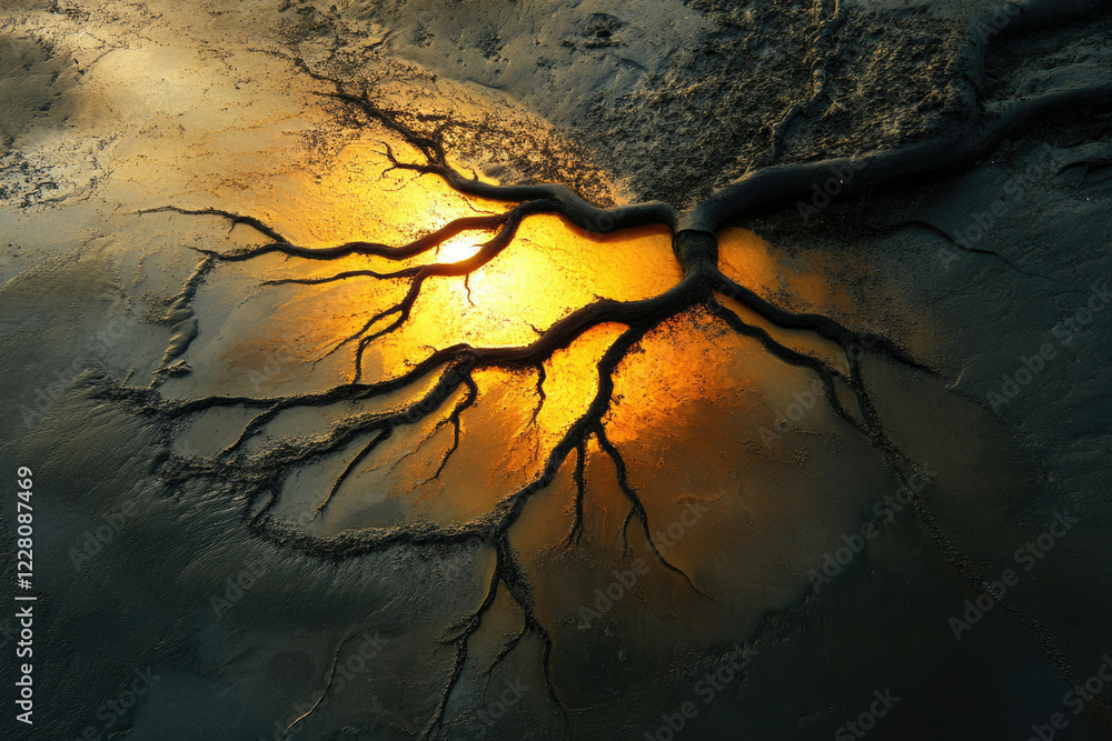 Poster sunset reflects on a dark, muddy surface, creating a striking tree-like pattern.
