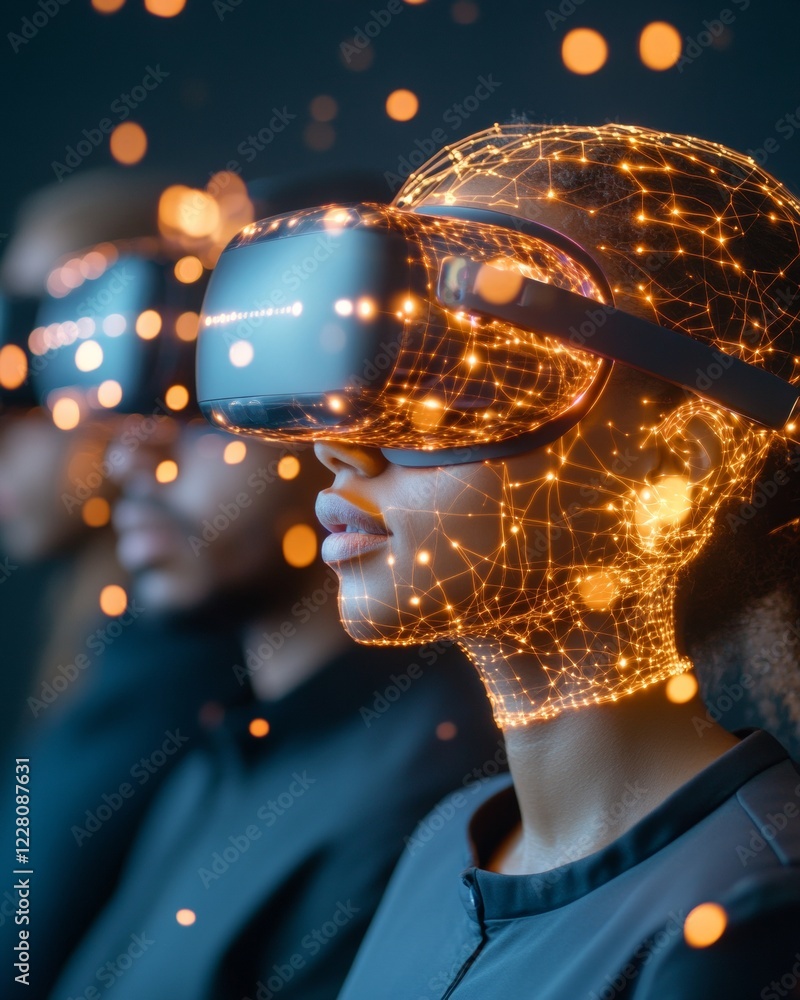 Poster Immersive Tech Collaboration Diverse Visionaries in VR with Holographic Tools - Innovative Business Solutions and Global Community Projects