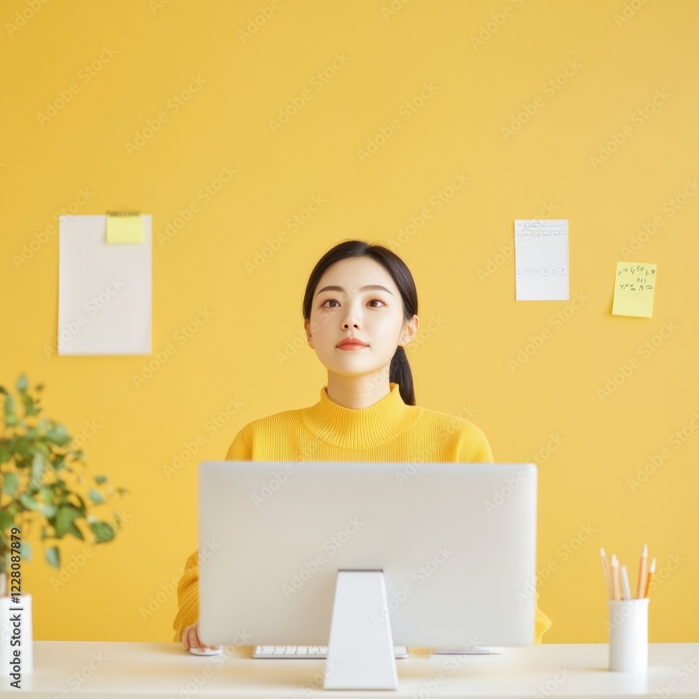 Poster intelligent workspace design young south korean professional at minimalist standing desk in open off