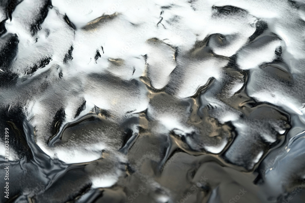 Poster abstract grayscale image showcasing a textured, wavy, metallic surface with a reflective sheen.