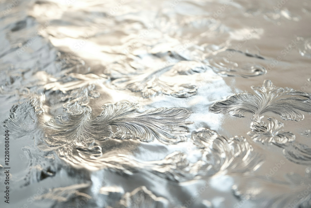 Aufkleber close-up of silver fabric with embossed floral damask pattern, showing texture and light reflections