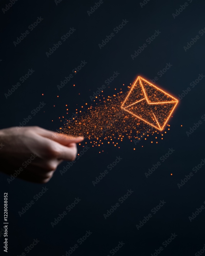 Poster dynamic neon hand lettering of email icon and digital particles - innovative communication content a