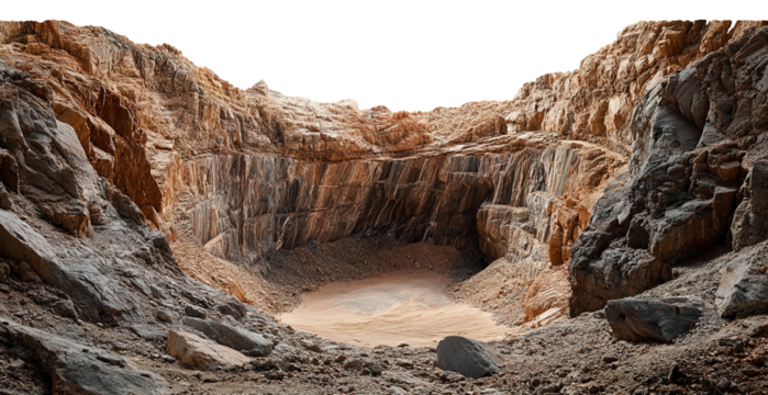 large crater in a granite wall with a view of the bottom on a transparent isolated background