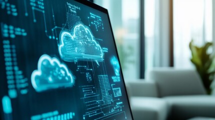 Futuristic Office Display Interactive Digital Screen with Weather Radar and Animated Graphics - Smart Business Technology for Enhanced Workplace Collaboration