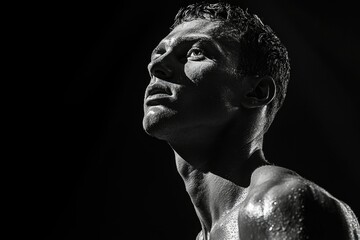 A black and white portrait of a sweaty muscular man looking upward, illuminated by dramatic light.