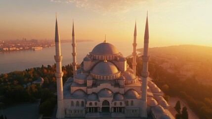 Majestic Ottoman Structures Atmospheric Sunset over Blue Mosque Domes and Minarets - Cultural Heritage Content for Tourism and Architectural Promotion