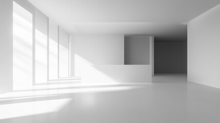 Fototapeta premium Modern white office corner with clean minimalist design and empty mock-up wall space for branding or artwork.