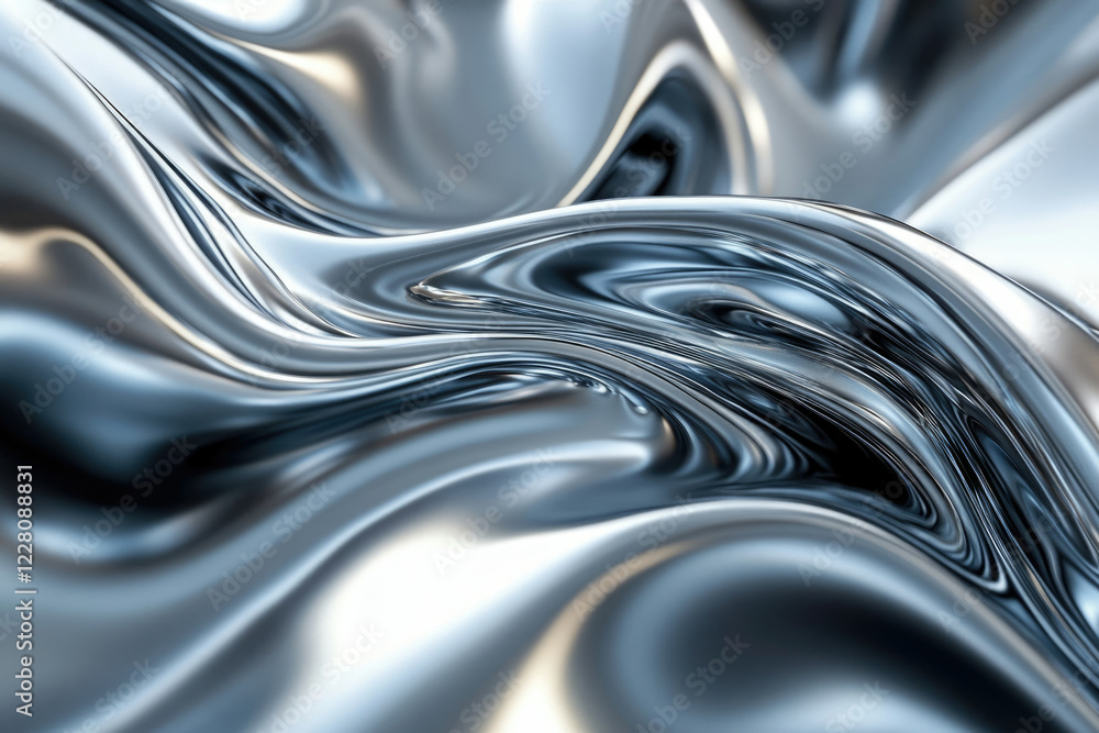 Poster abstract image of flowing, reflective liquid metal, creating a mesmerizing, wavy pattern.