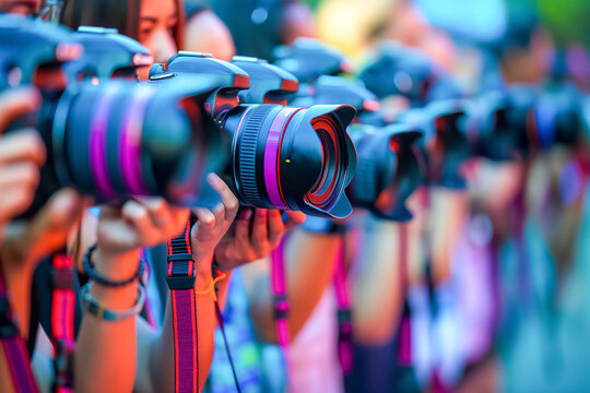 Group of photographers taking photos with professional cameras in a colorful setting