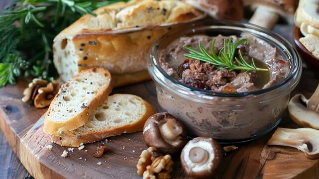 Glass jar containing mushroom pate seasoned with fresh rosemary alongside slices of bread and chestnut mushrooms on rustic wooden board