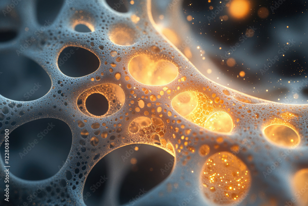 Leinwandbilder abstract 3d render of a porous, glowing network structure, resembling a complex cellular or molecula