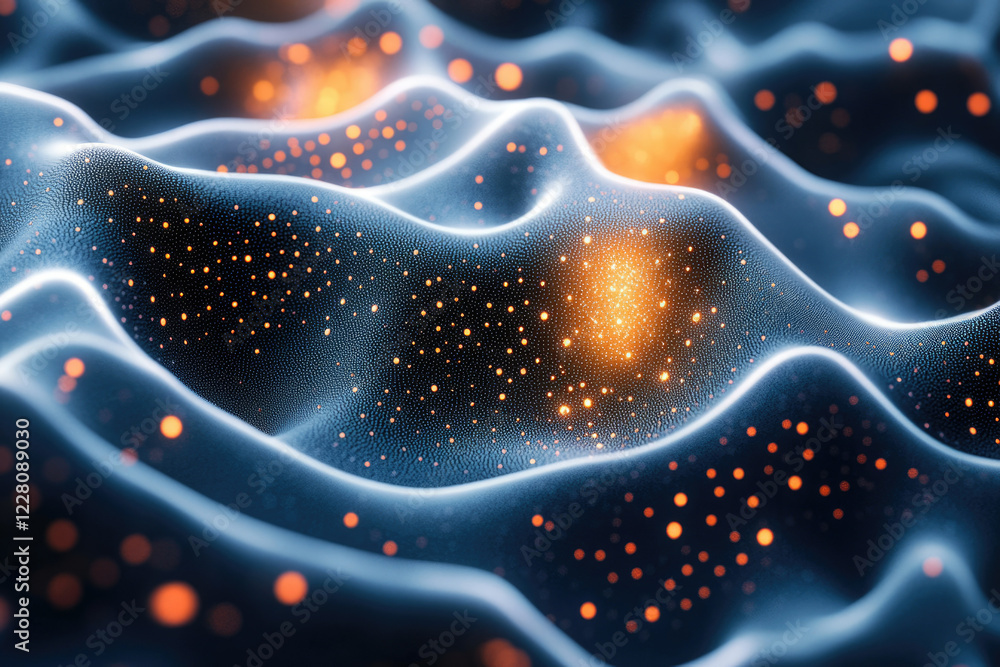 Poster Abstract digital landscape with glowing particles forming undulating waves, creating a mesmerizing visual effect.