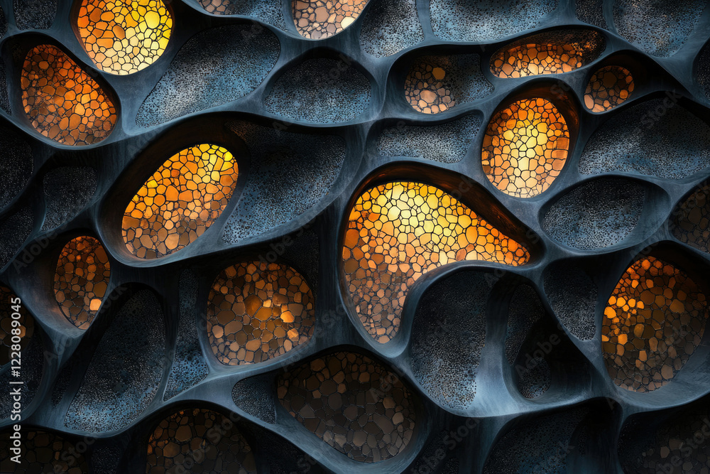 Aufkleber Abstract dark gray organic shapes with warm golden mosaic inlays, creating a complex and visually striking pattern.