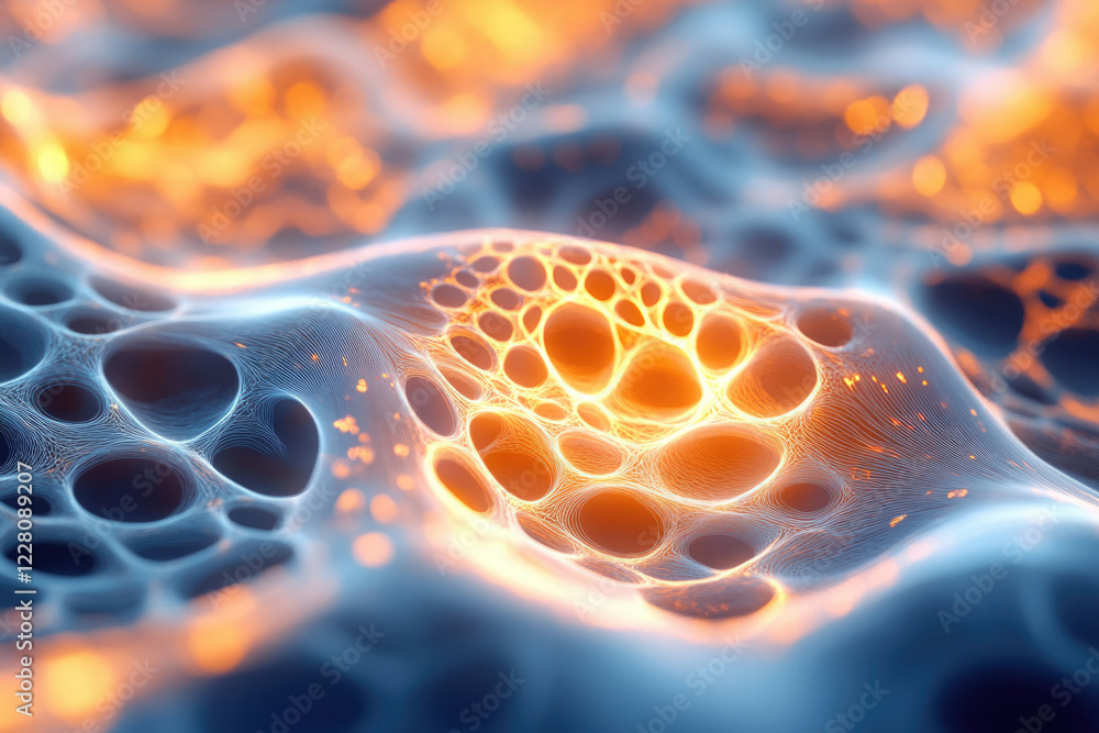 Aufkleber Abstract 3D rendering of a glowing, interconnected network resembling cellular structures or a neural network.