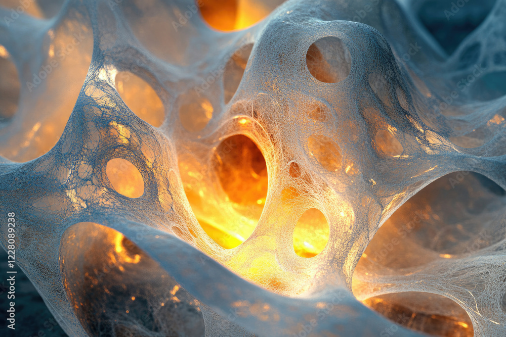 Poster intricate, glowing web-like structure with holes, resembling a network or porous material.