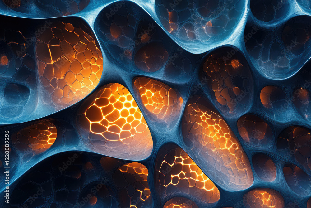 Poster Abstract 3D render of a glowing organic structure with interconnected chambers, showcasing intricate details and vibrant color contrast.