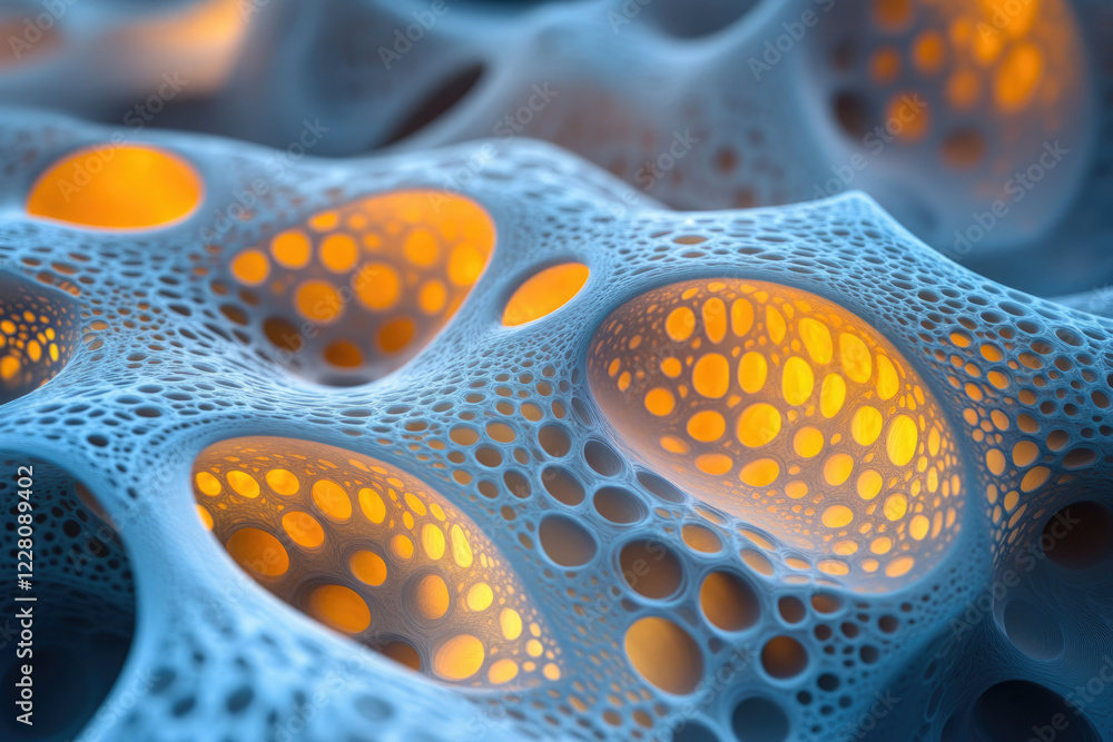 Poster abstract 3d render of a porous, organic-looking structure with glowing orange inner cavities.