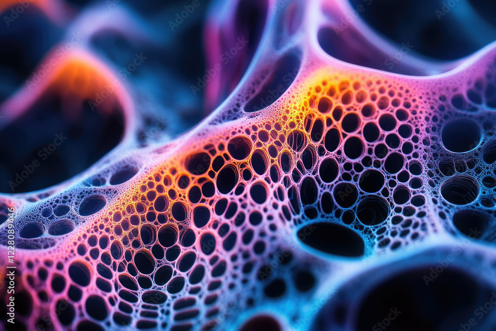 Aufkleber abstract image depicting a vibrant, intricate network of interconnected bubbles, glowing with neon c