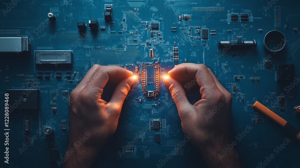 Poster tech-industrial circuit board assembly hands on modern blue pcb with led components - advanced elect
