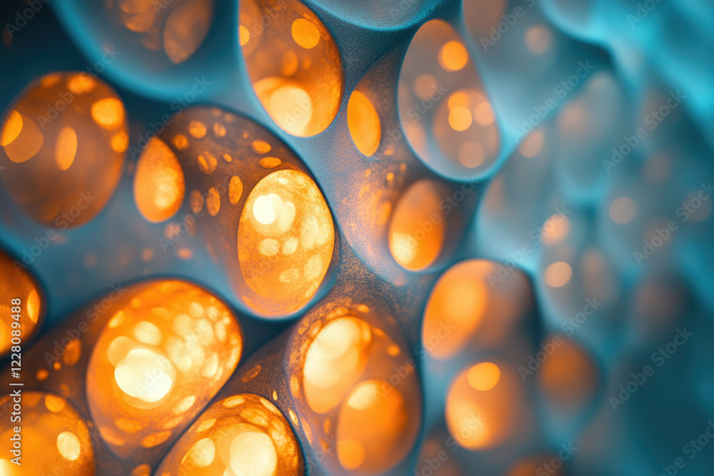 Poster Abstract image of a textured surface with glowing orange circles, resembling a cellular structure or futuristic design.