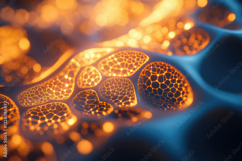 Poster Abstract image of glowing orange network pattern on a dark blue background, resembling a microscopic structure or neural network.